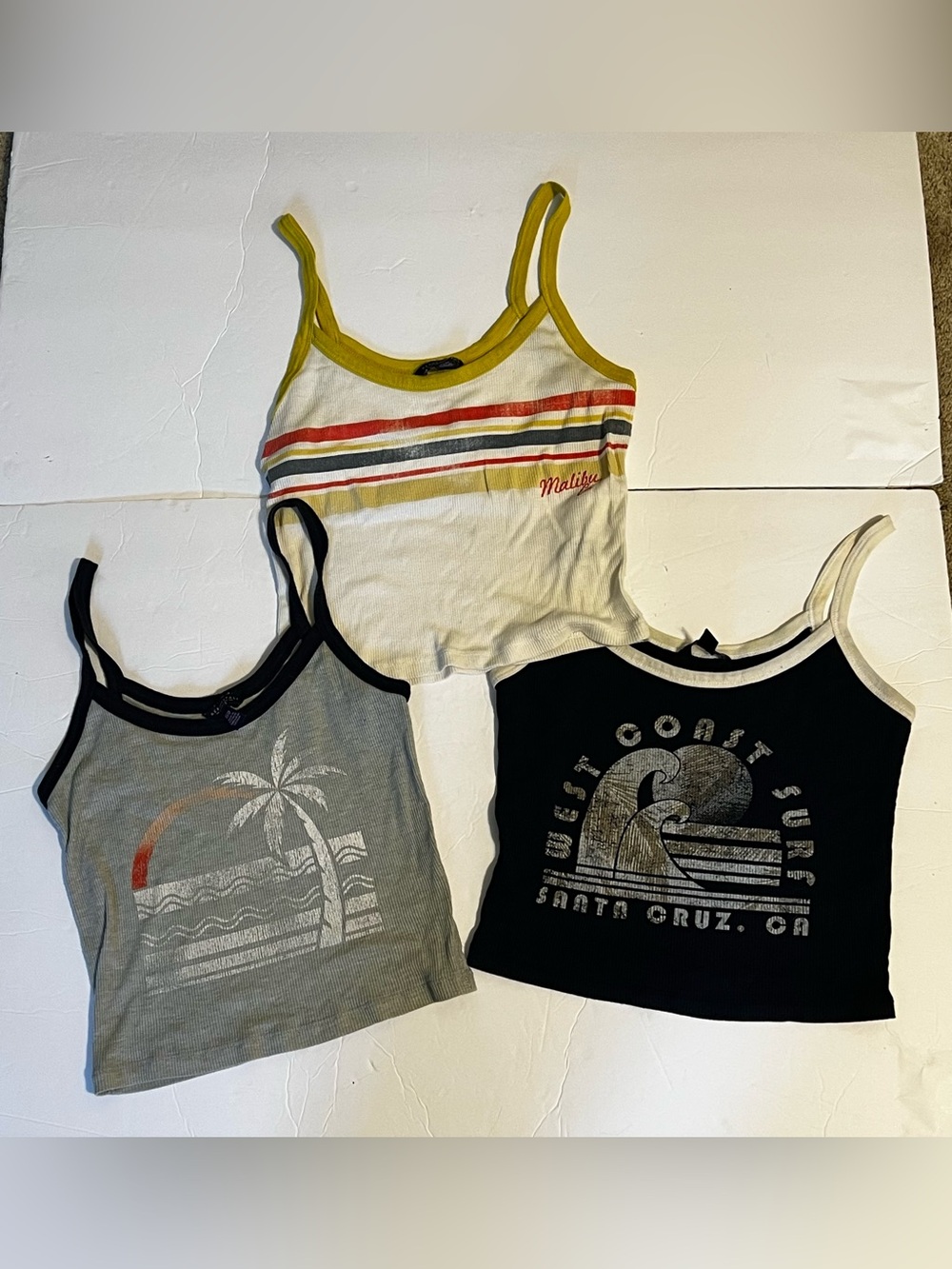 Aeropostale Beach Theme Graphic Spaghetti Strap Ribbed Crop Top Size XS Lot of 3